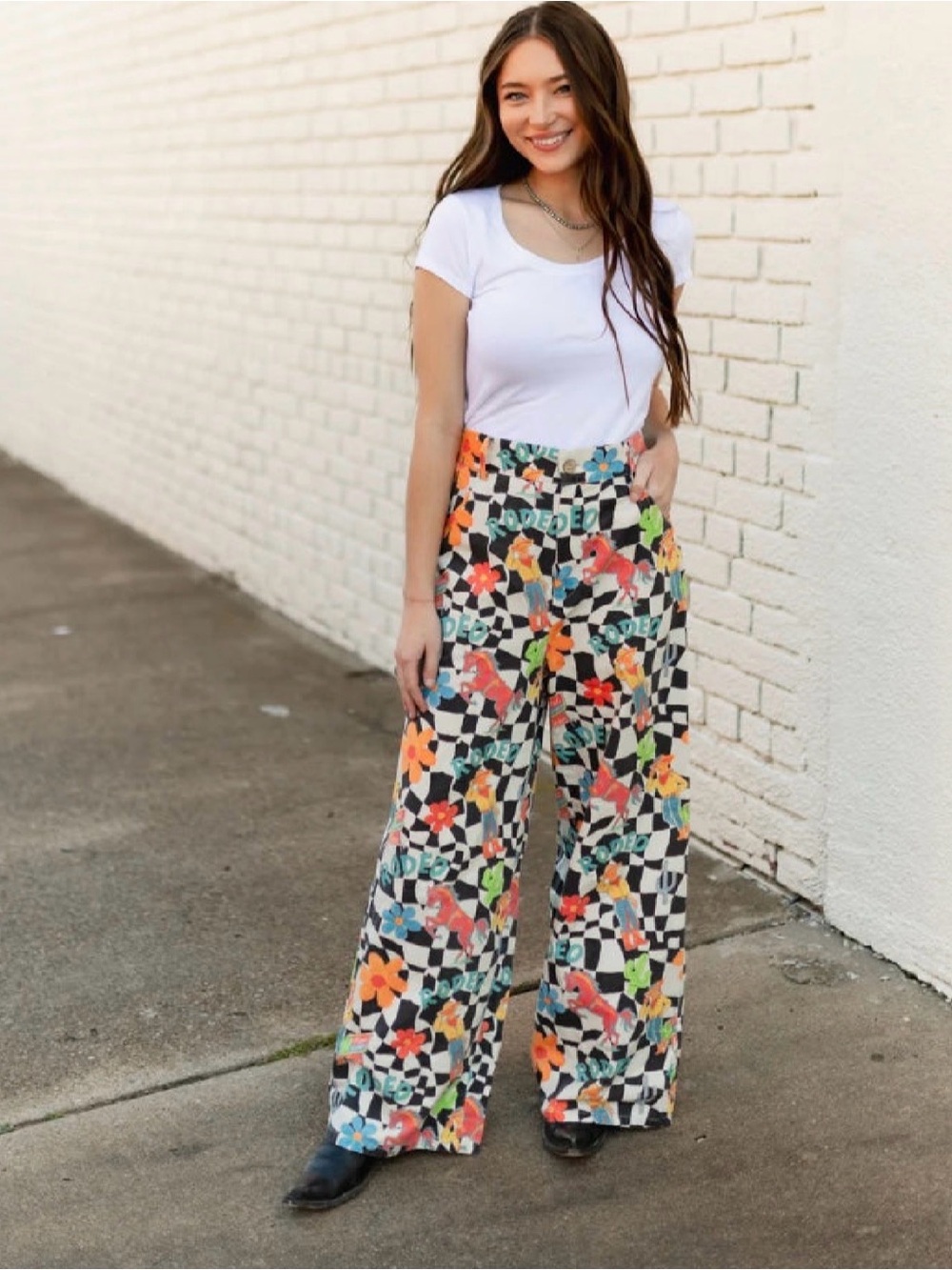 Rodeo western Wide-Leg Floral Checker Print Pants - Multicolor
